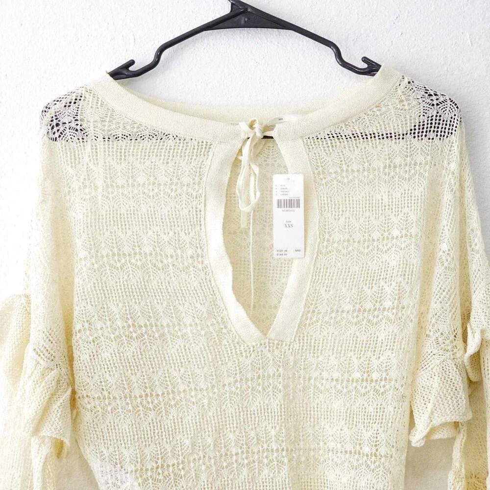 NWT Anthropologie Cream Sheer Open-Stitch Ruffle Summer Pullover Size XXS